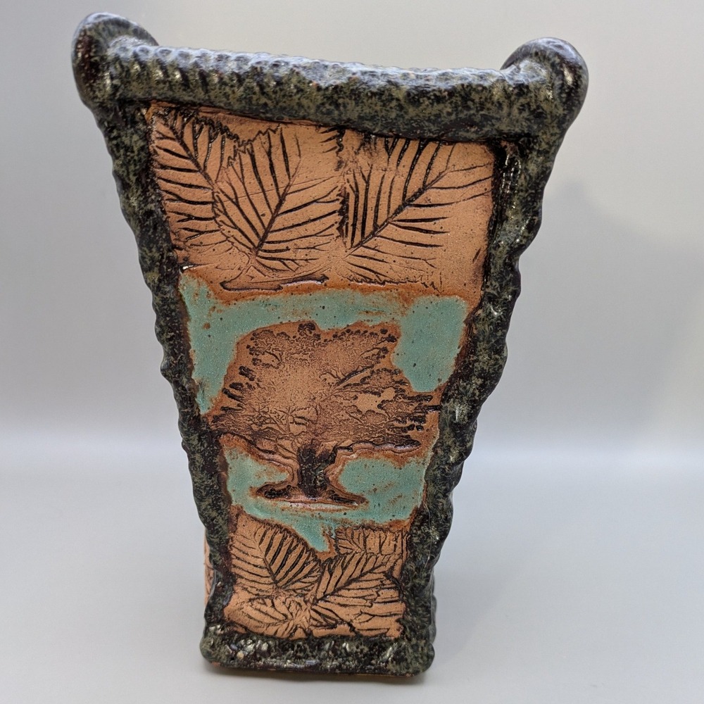 Studio Pottery Tree Leaf Botanical Slab Vase Rustic Turquoise Terracotta Signed